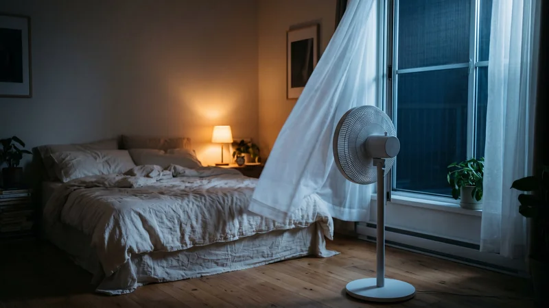 Ventilador de coluna perto da janela puxando o ar fresco da noite