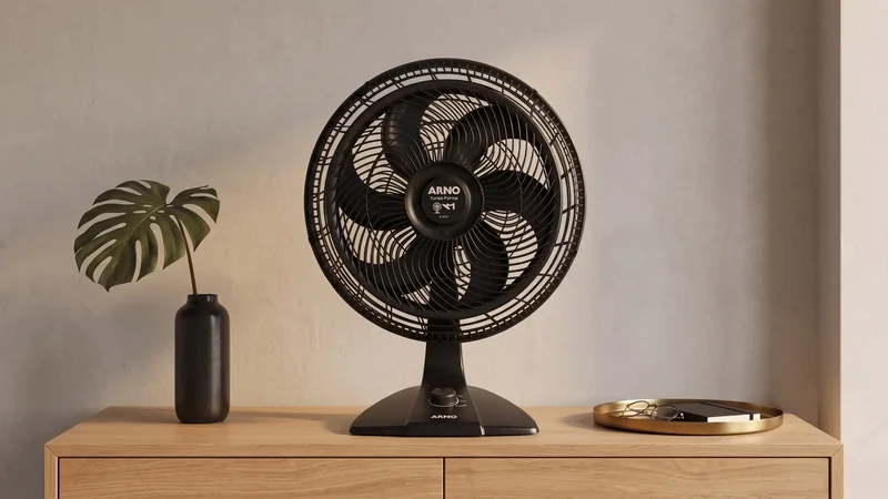 ventilador Arno Turbo Force VF42 40 cm sobre cômoda de madeira