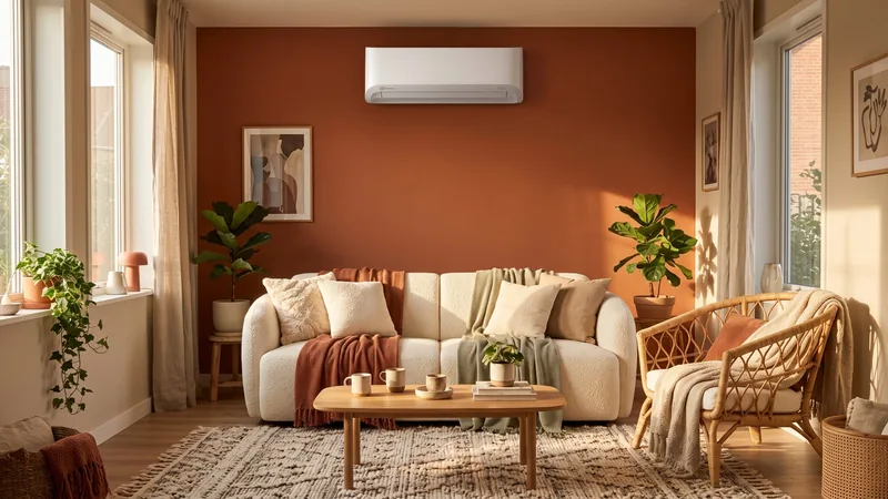 ar-condicionado Electrolux Color Adapt 12000 BTUs em parede terracota da sala