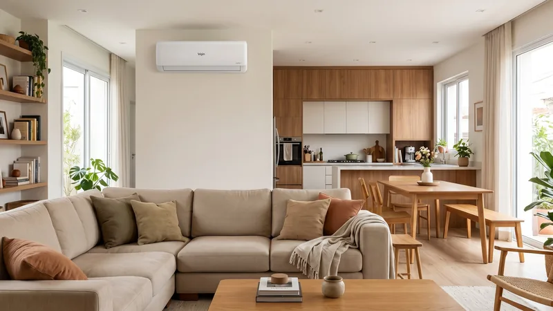 ar-condicionado Elgin Eco Inverter III 12000 BTUs em sala integrada com cozinha