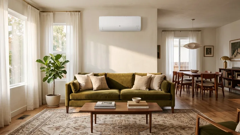 melhor ar-condicionado 12000 BTUs LG Dual Inverter Voice +AI em sala com sofá verde-oliva