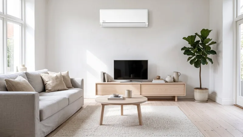 ar-condicionado Midea AI Ecomaster 12000 BTUs em sala escandinava clara