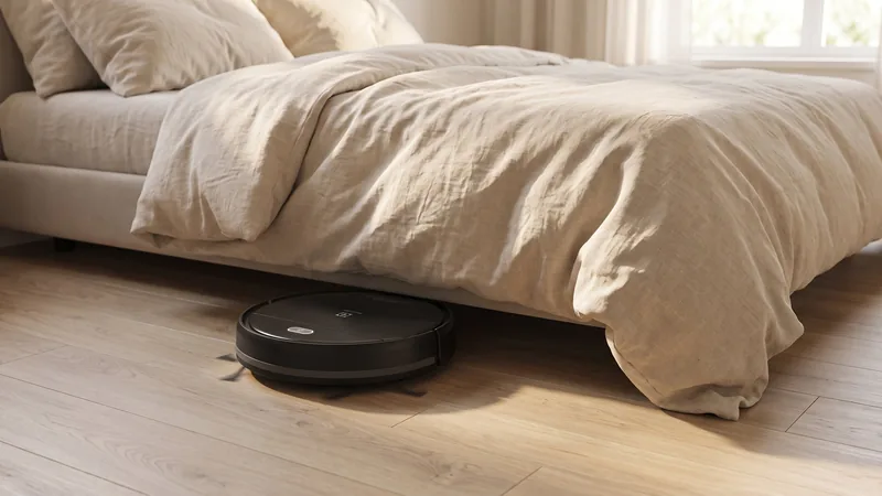 robô aspirador Electrolux ERB10 preto entrando embaixo da cama no quarto