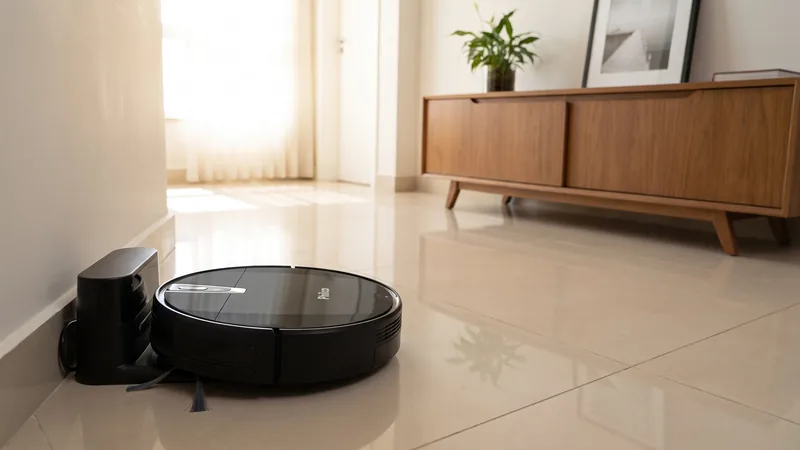 robô aspirador Philco PAS26P preto na base de carregamento no corredor