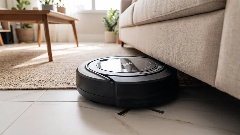 robô aspirador WAP Robot W90 preto passando embaixo do sofá na sala