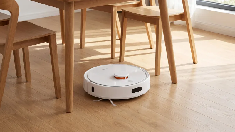 robô aspirador Xiaomi S20 branco limpando entre as cadeiras da mesa de jantar