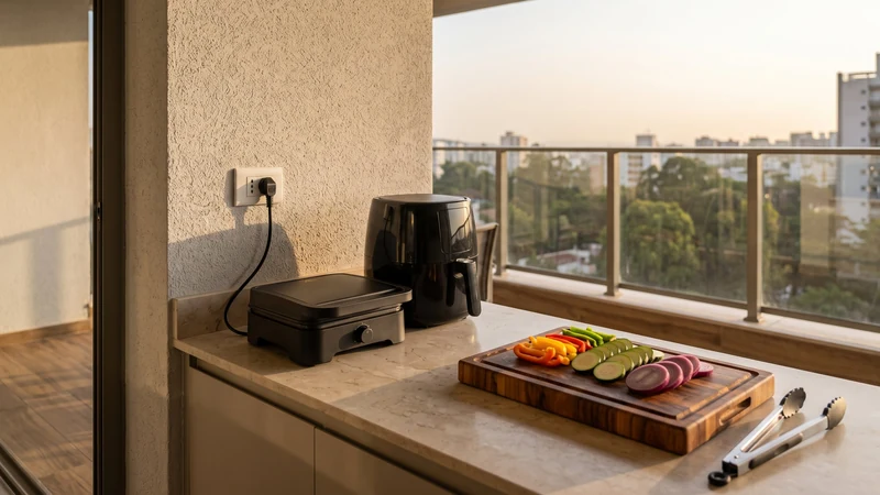 Grill elétrico e air fryer sobre bancada de varanda de apartamento