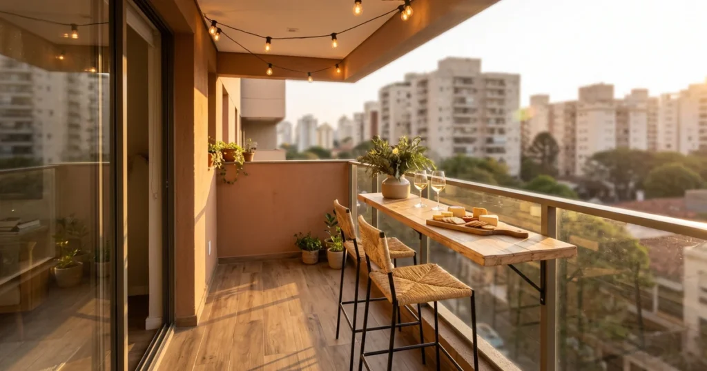 Varanda gourmet pequena de apartamento com bancada de apoio e banquetas altas